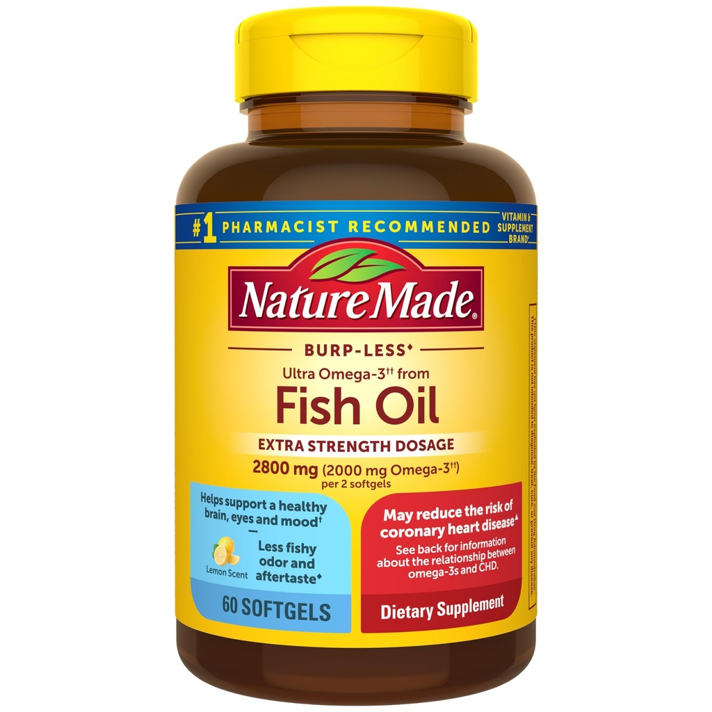 Nature Made Extra Strength Omega 3 Suplementos de aceite de pescado, 2800 mg, aceite de pescado Omega 3 Suplementos como esteres de etilo para el corazón sano, cerebro, ojos, soporte de orina, 60 Softgels, 30 Day Supply