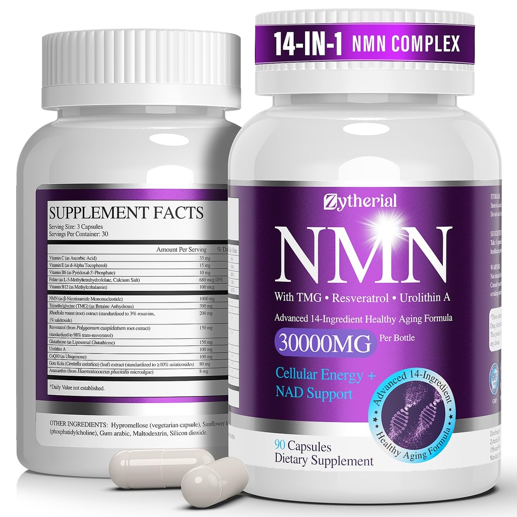 NMN Supplement 1000mg Per Serving, 14-in-1 with TMG, Urolithin A, Resveratrol, Glutathione, Gotu Kola for Men Women, NMNH Alternative & NAD+ Supplement Precursor, Supports Energy & NAD+ Level, 90