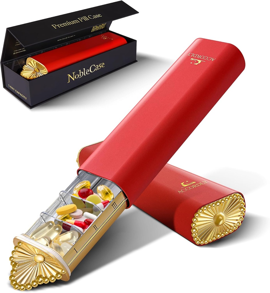Premium organizador semanal de píldoras, caja compacta de 7 días para purse, caja de aluminio de oro ligero para vitaminas, medicina, suplementos, regalo de bienestar de lujo