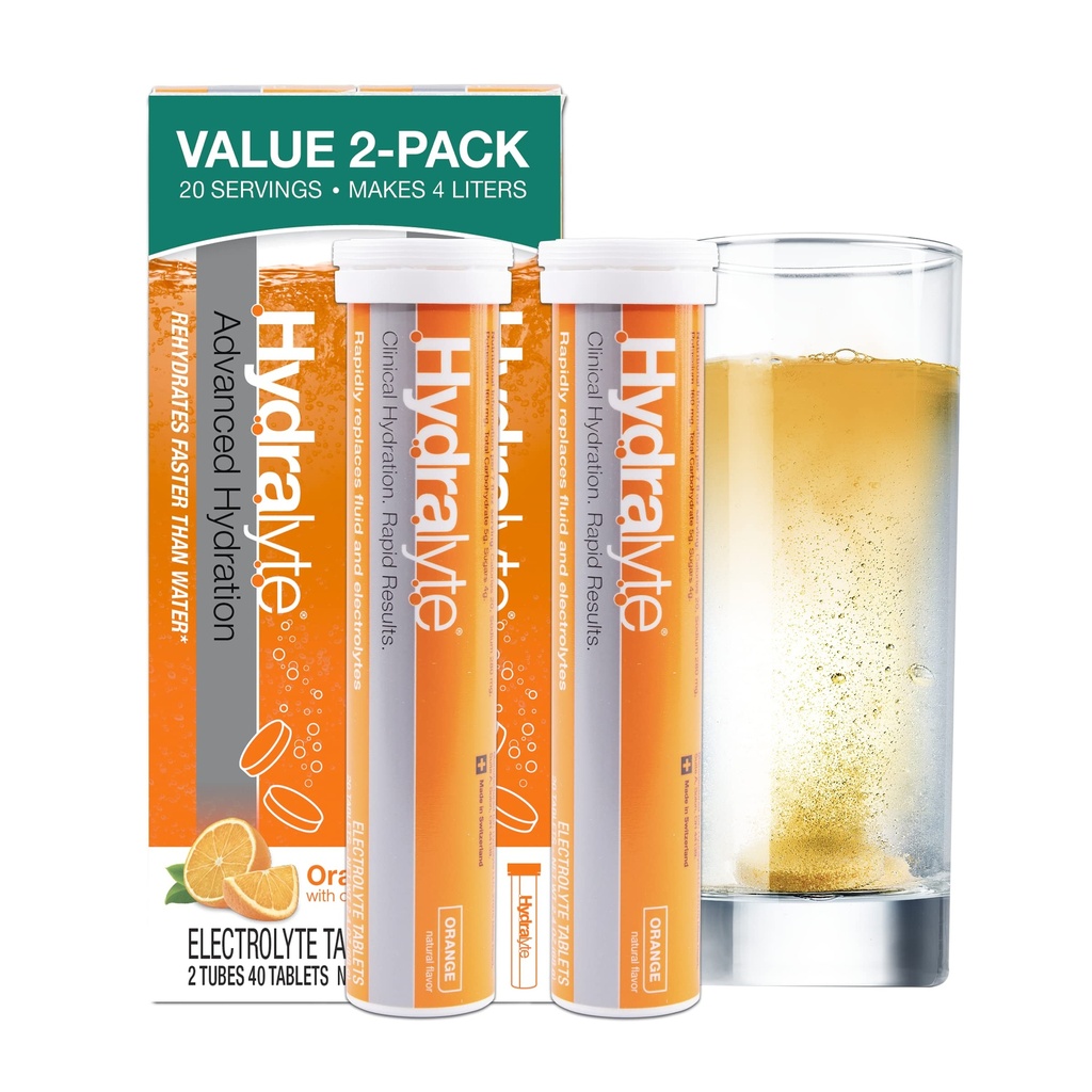 Hydralyte Electrolyte Tablets ← 40 Orange Electrolytes ← Airplane Travel Essential for Rapid Rehydration TEN Hydration Tablets - Instant Dissolve Electrolytes (20 Servings, 2 Tablets Por Serve)