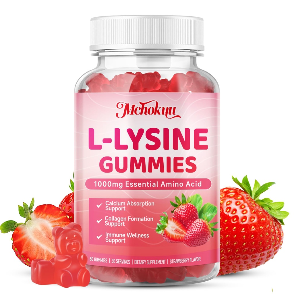 L-Lysine 1000mg Gummies, Chewable Lysine Supplement for Adults & Kids Immune Support, Essential Amino Acid, Vegetarian, Non-GMO, Sugar-Free, Gluten Free, Strawberry Flavor, 60 Counts