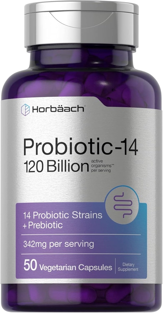 Horbäach Probióticos 120 Billones CFU TENIDO 14 Estragos con Prebióticos Silencio para Mujeres " Hombres Silencio 50 Capsules ANTE Vegetariano, No GMO " Gluten Suplemento gratuito