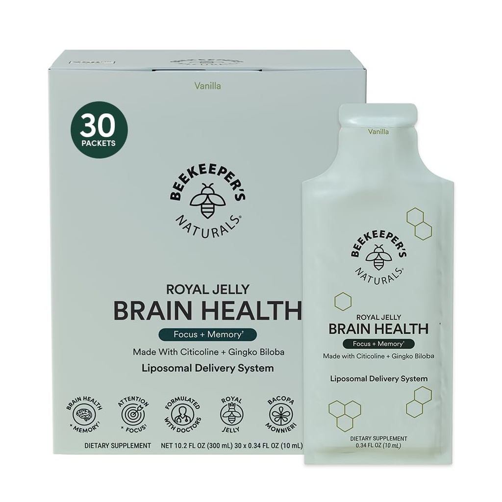 Nootropic Brain Supplement by Beekeeper's Naturals, 500mg Citocoline, Ginkgo Biloba, Bacopa Monnieri & Royal Jelly, Supports Focus & Memory, Easier Absorption, Plus a Tasty Vanilla Flavor, 30ct