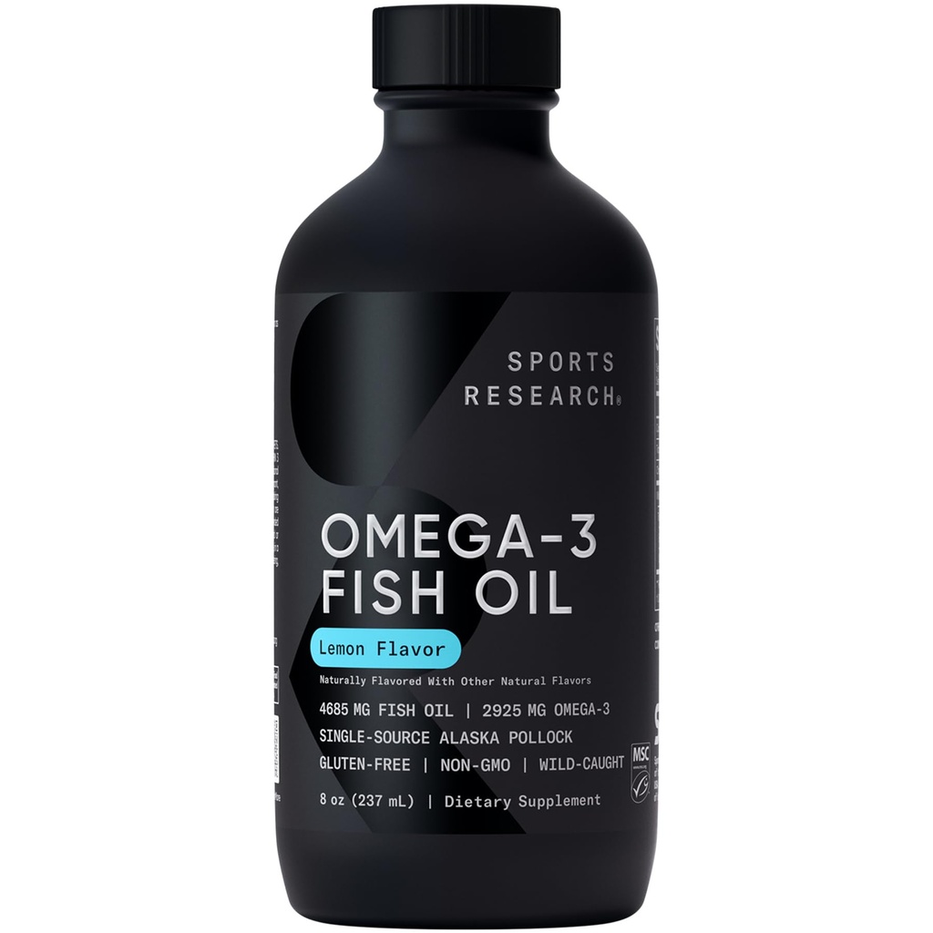 Sports Research® Omega-3 Fish Oil, 8oz Glass Bottle - 4685 mg de Wild Caught Alaska Pollock Fish Oil por Serving - Easy-to-Take Liquid · Lemon Flavor · No GMO · MSC Certified Sustainable - 48 Servings