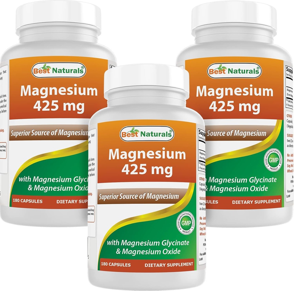 Mejores Naturales Magnesio 425 mg 180 Veggie Capsules - High Absorption Magnesium Glycinate & Magnesium Oxide Chelated, Non-GMO, Gluten Free Muscle Relax (180 Conde (Pack of 3))