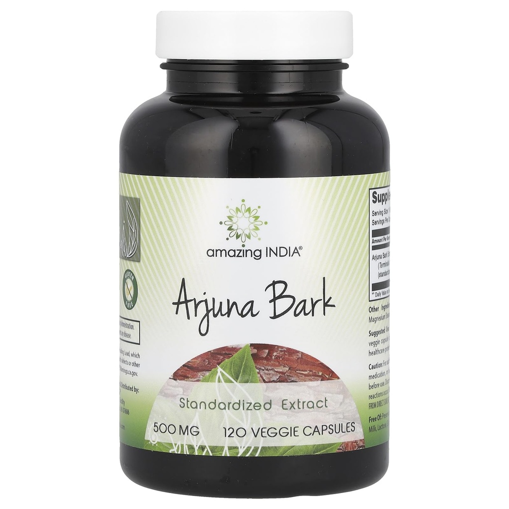Increíble India Arjuna Bark Extract Suplemento Silencio 500 Mg Silencio 120 Veggie Capsules  Non-GMO TEN Gluten Free TEN Made in USA