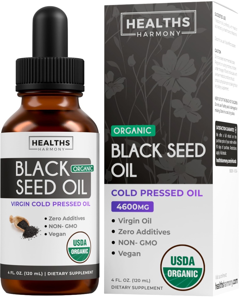 USDA Organic Black Seed Oil Liquid (4 fl oz) Premium Cold-Pressed Nigella Sativa Producing Pure Black Cumin Seed Oil - Antioxidant Supplement - Vegan, Gluten-Free, & Non-GMO (No Pills or Capsules)