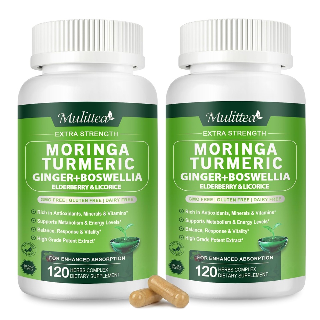 Moringa Capsules Organic 1000mg, 7-in-1 Superfood with Turmeric, Ginger, Elderberry, Licorice & Boswellia - Support Immune, Skin, Gut & Antioxidant-Non-GMO, GMP, 120 Vegan Capsules-2 Packs