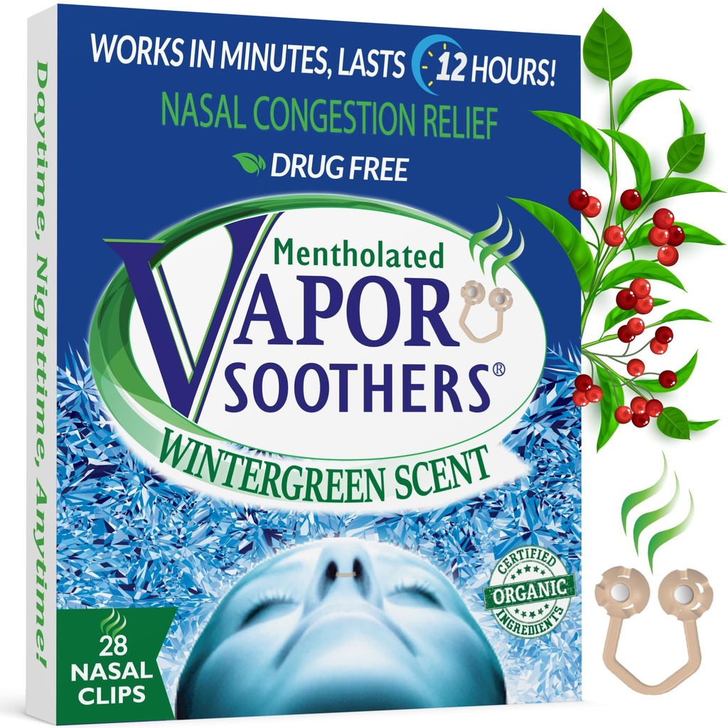 Mentholated Nasal Dilators for Breathing, Congestion, and Snoring - 28 Count Dual-Action Nose Inserts for Daytime and Nighttime Use - Hidden Nostril Opener Clips Last Up to 12 Hours - Wintergreen