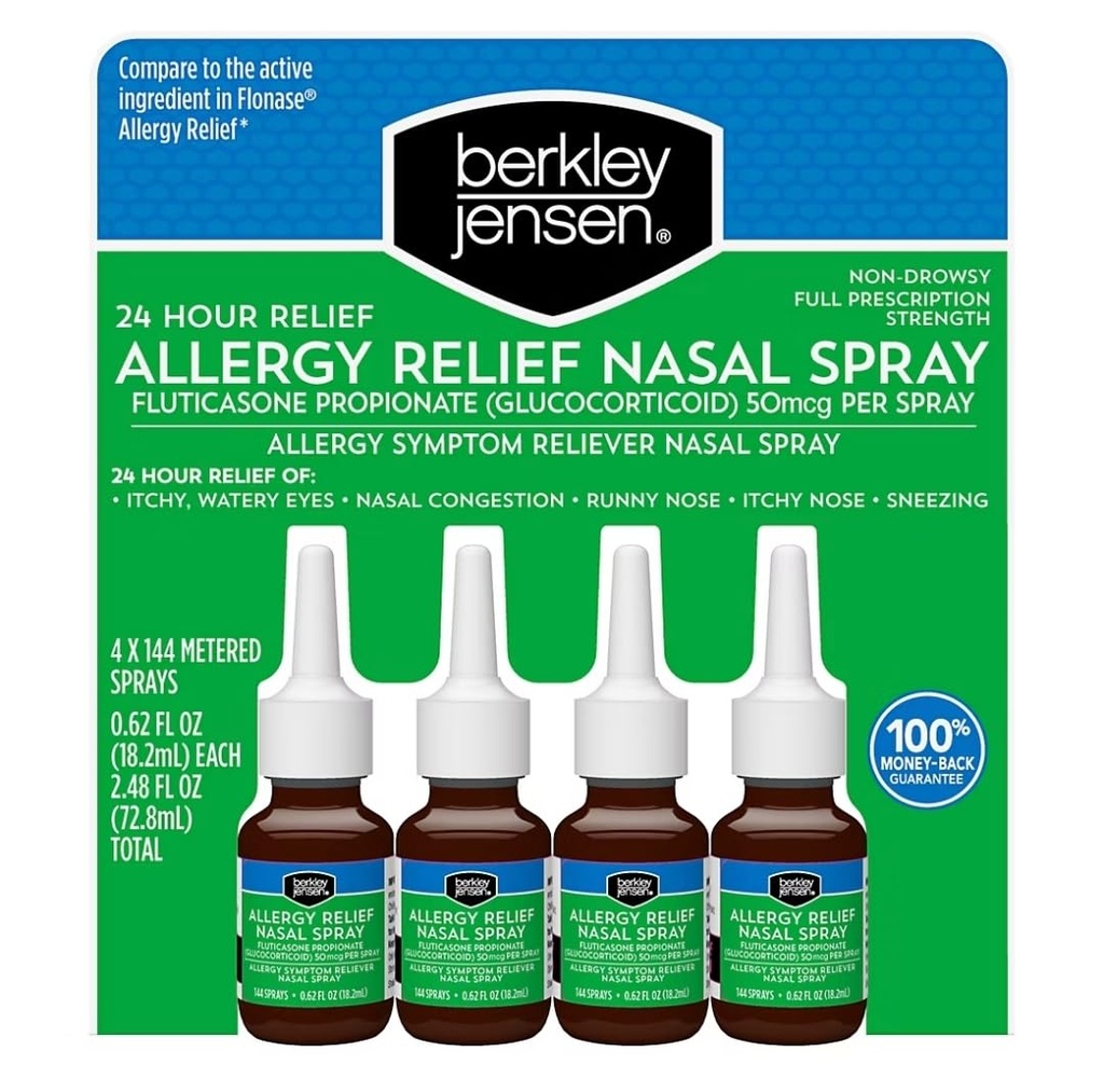 berkley jensen 24-Hour Allergy Relief Nasal Spray, Fluticasone Propionate (Glucocorticoid), 50 mcg, Full Prescription Strength, Non-Drowsy, 4 Bottles x 144 Metered Sprays, 0.62 Fl OZ per Bottle