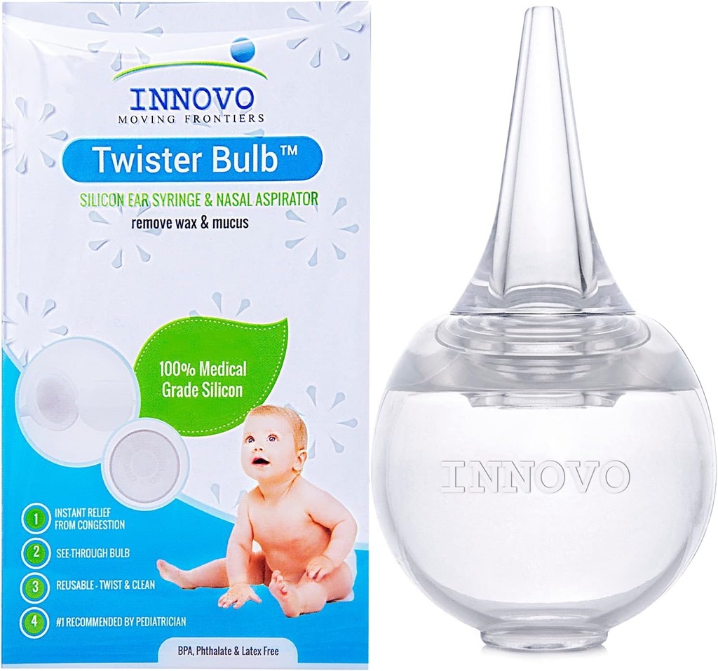 Innovo FSA/HSA Eligible Hospital Grade Silicone Twister Bulb Baby Ear Syringe and Nasal Aspirator, Sucks Snot and Mucus, Cleanable and Reusable, Clear