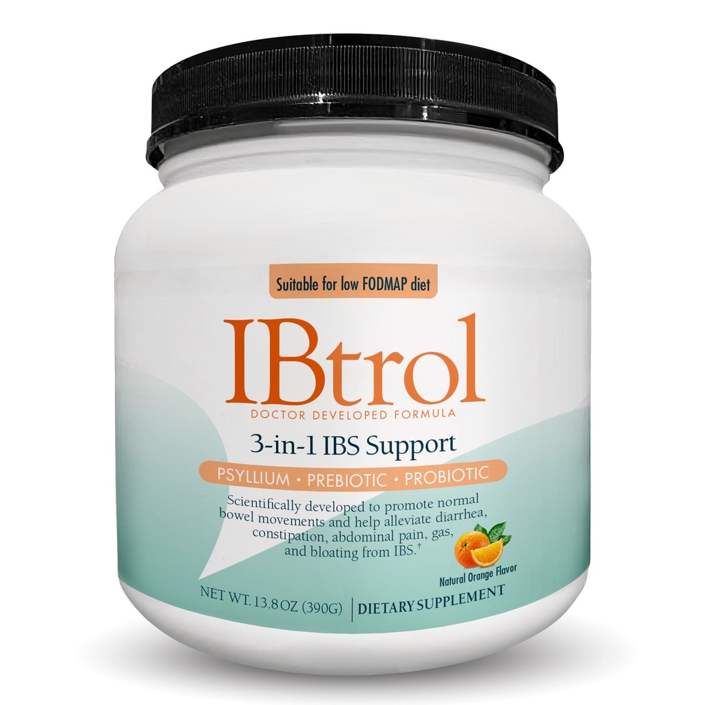IBtrol® 3–en–1 Suplemento de Salud Gut con Psyllium, Prebióticos y Probióticos, Gestiona los síntomas de IBS, Gas, Bloating, Diarrhea, Constipation, Dolor Abdominal 60 Servings (Frevor Naranja Natural)