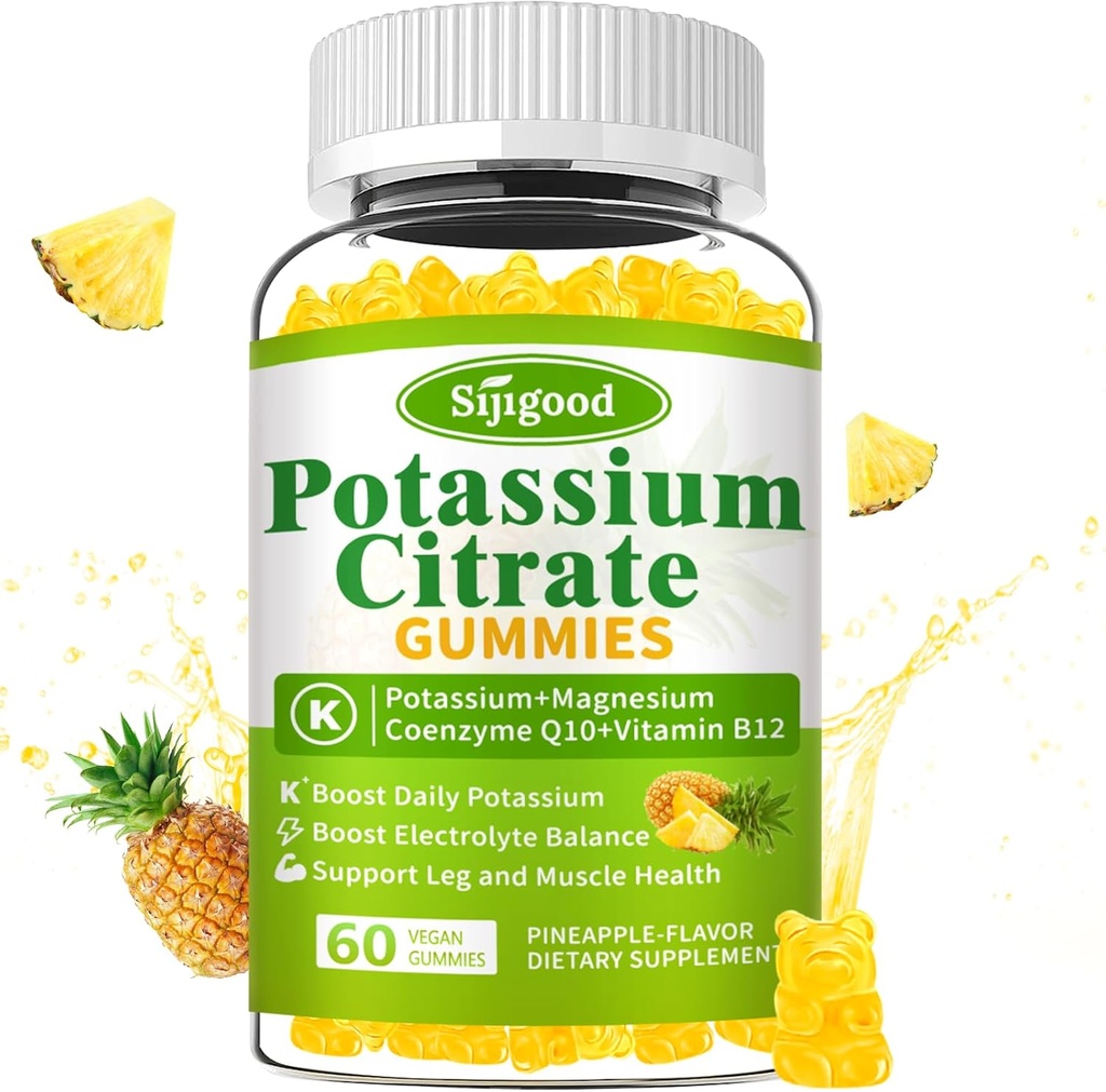 Potassium Citrate Gummies – High Potency Potassium Supplement for Muscle Health, Leg Cramp Relief, Electrolyte Balance – Vegan, Non-GMO, Gluten-Free, Pineapple Flavor, 60 Count
