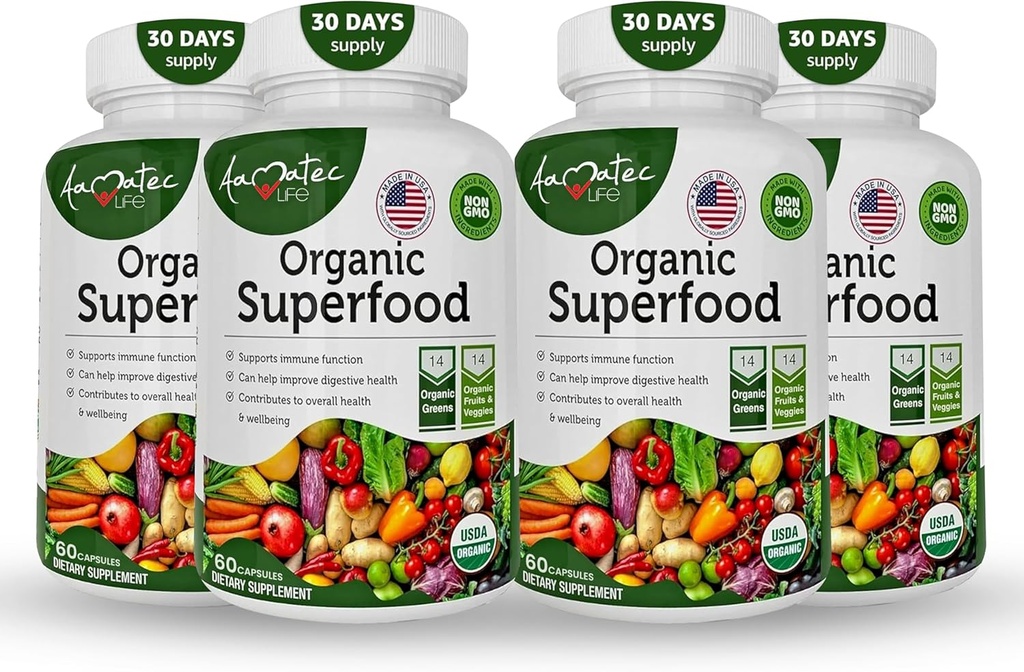 Ecológico Superfood Greens Fruits and Veggies Complex - Best Dietary Supplement with 14 Greens and 14 Fruits & Vegetables with Alfalfa & Antioxidant Organic Ingredients Non-GMO 240 Capsules