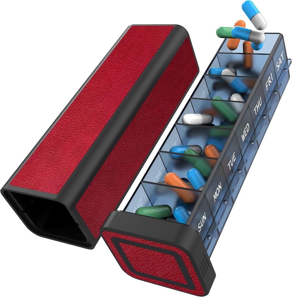 Pill Organizer 1 Time a Day, Pill Box 7 Day, Weekly Travel Pill Case, Daily Large Medication Holder Container, Once Daily Pillbox Dispenser for Vitamin, Medicine, Pills, Supplement (Red)