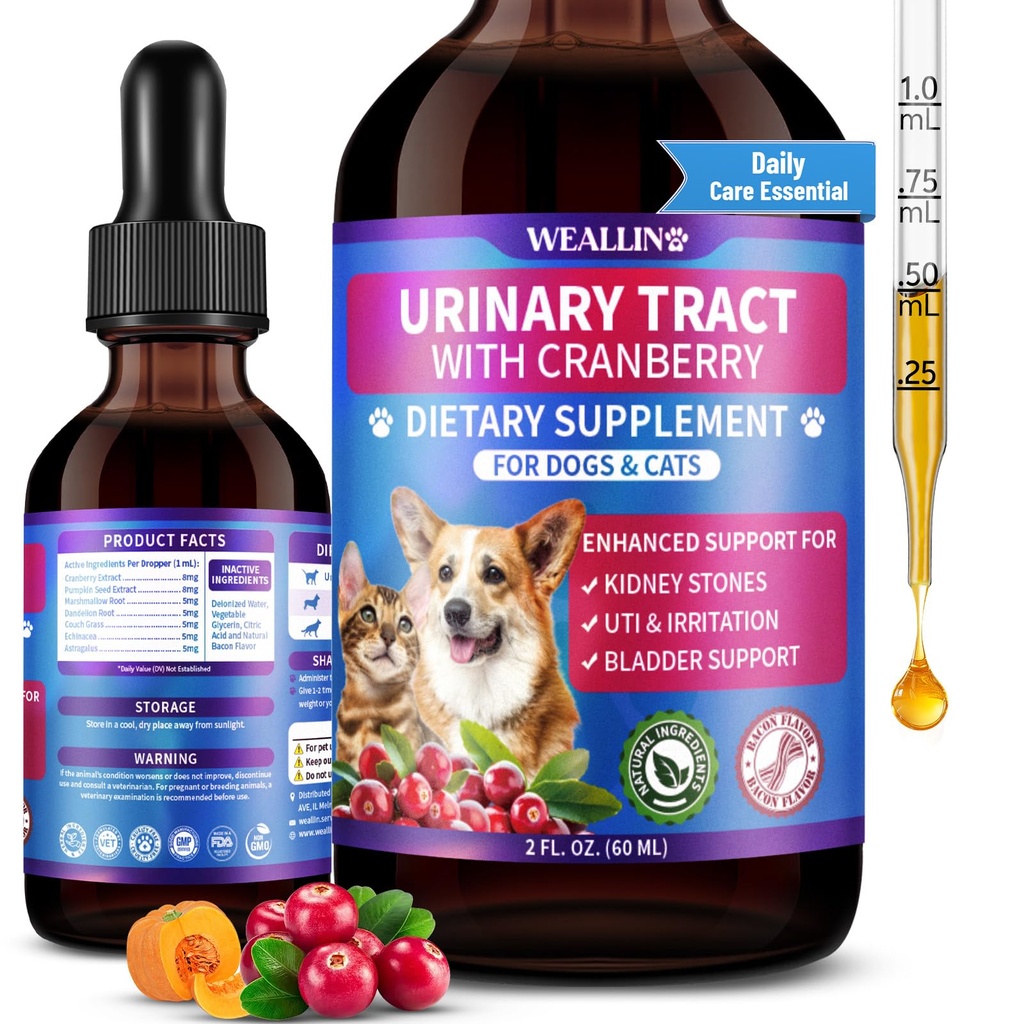 Cat & Dog Natural Urinary Tract Infection Treatment with Cranberry | 60ml Kidney, and Bladder Support Supplement, Support for Urinary Comfort & Bladder Flow – Pet Renal Care Support Drops