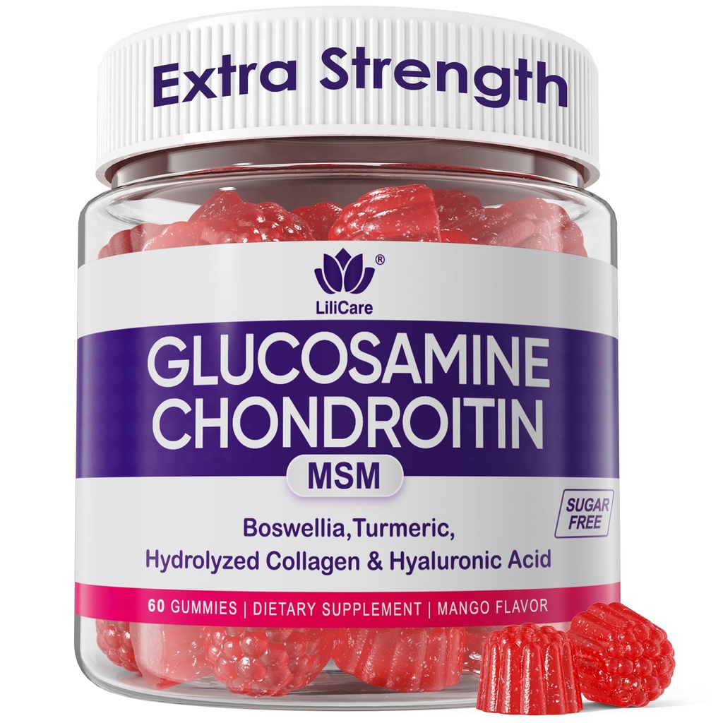 Glucosamine Chondroitin Gummies, Sugar Glucosamine Gratuito Chondroitin MSM Suplemento, Extra Strength with Boswellia Turmeric, Hydrolyzed Collagen & Hyaluronic Acid, Bone Health for Men &amp; Women, 60 Cts