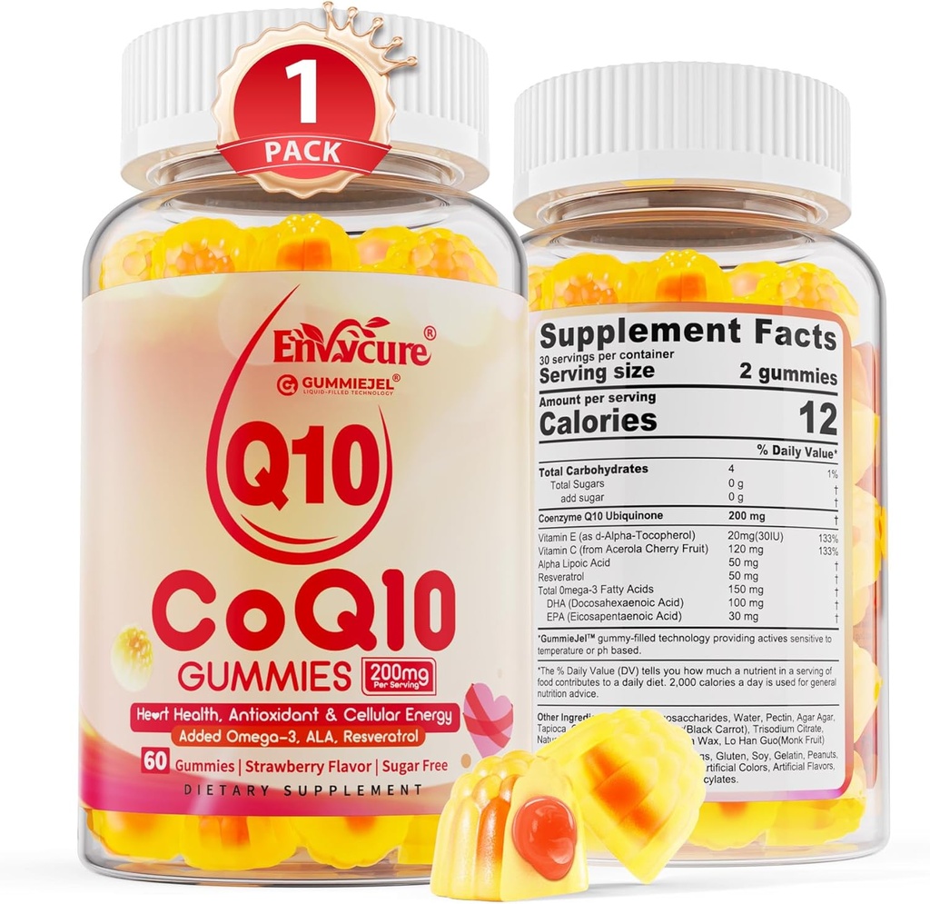 Azúcar CoQ10 200mg Gummies llenadas, 5X mejor absorción CoQ10 w/Resveratrol, ácido lipoico alfa, Omega-3, vitamina E, C, Coenzima Q10 para energía celular, corazón, cerebro y antioxidante (1Pack)