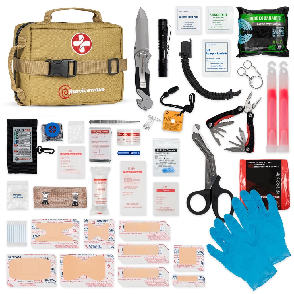 Surviveware 119 Pcs Comprehensive Premium Survival First Aid Kit - Medical Emergency Kit for Travel Camping Gear, Home Essentials & Outdoor Emergencies - HSA & FSA Eligible Survival Kit