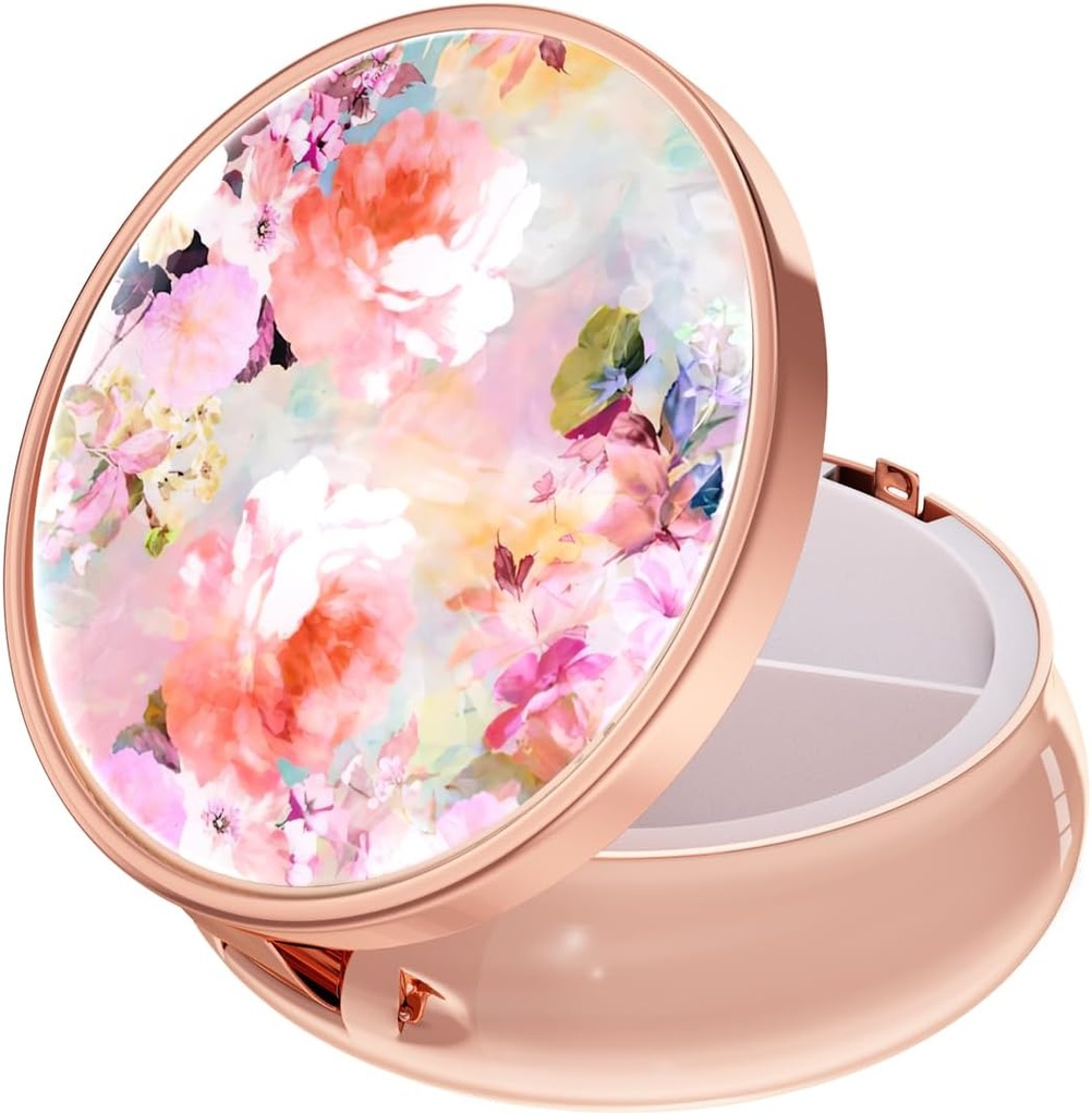 Rouidr Pill Box, 3 Compartment Medicine Pill Case, Small Pill Box for Purse & Pocket, Metal Travel Pill Box, Pill Container Medicine Holder Vitamin Container, Unique Gift, Rose Gold(Watercolor Flower)