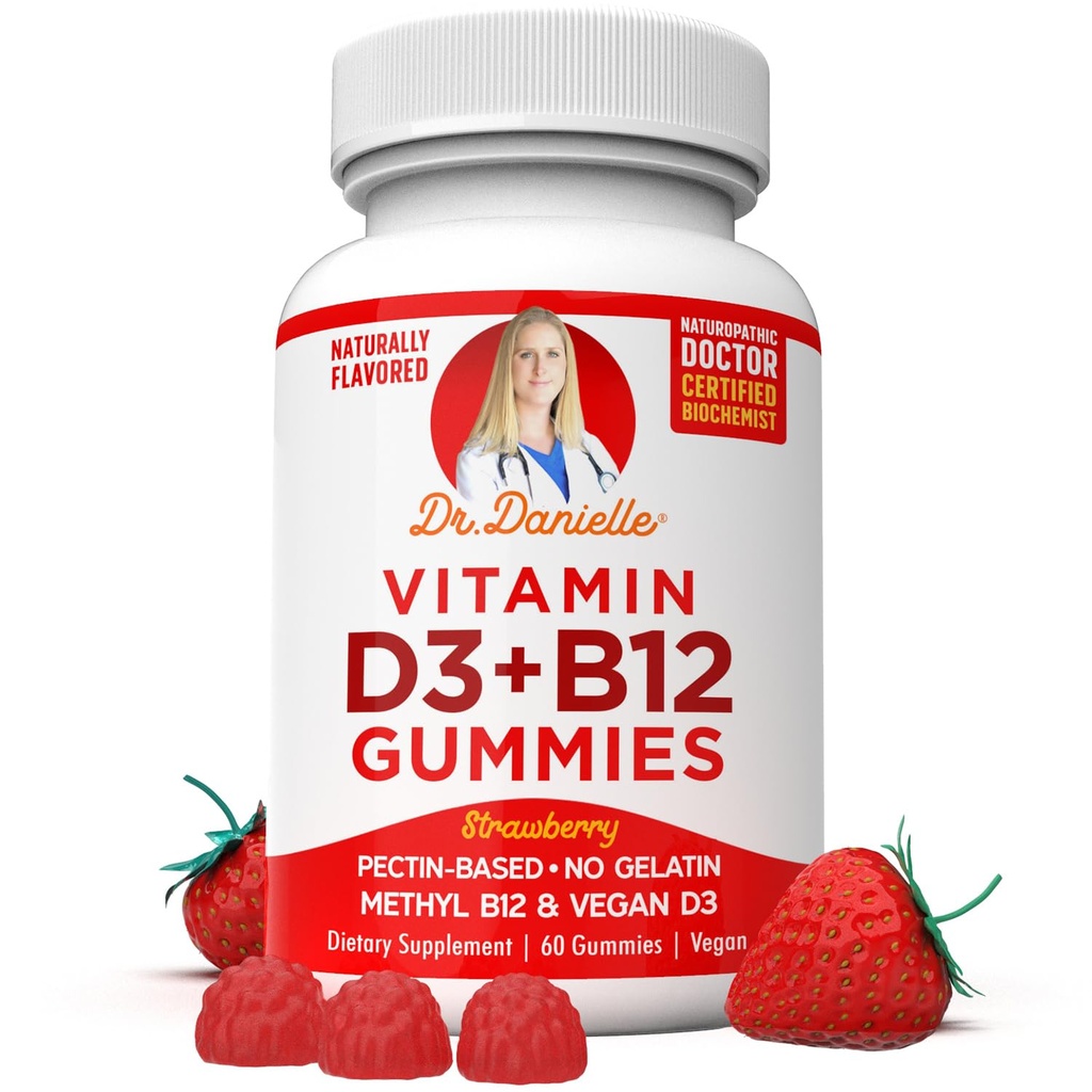 Vitamin D3, B12 Gummies by Dr. Danielle, Vegan Daily Supplement for Adults & Kids, Non-GMO, Vitamin D3 1000 IU & 250 mcg Vitamin B12, 2 Month Supply (60 Gummies)