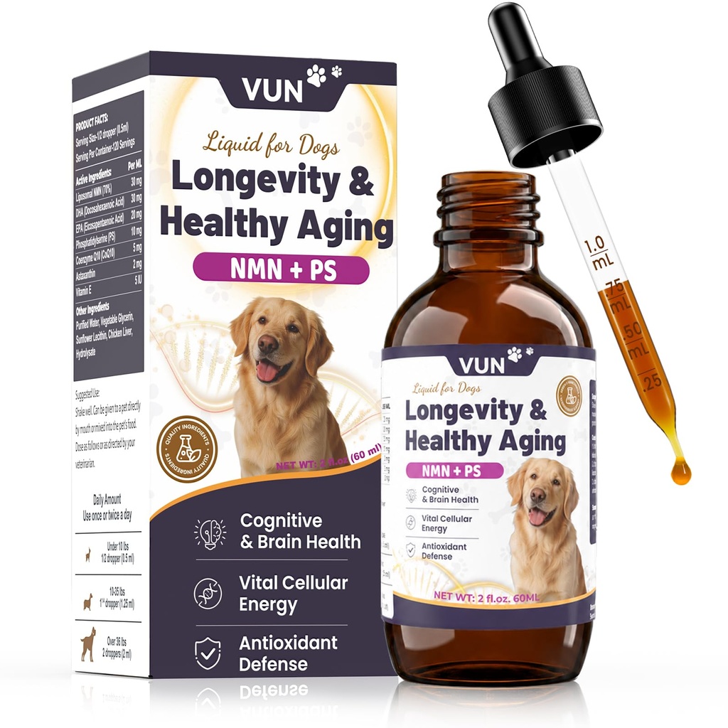 VUN NAD+ Longevity Supplement for Senior Dogs & Cats Cognitive | Liposomal NMN Liquid for Dog Cognitive & Brain, Healthy Aging, Antioxidant & Vitality, Chicken Flavor, 2 fl oz
