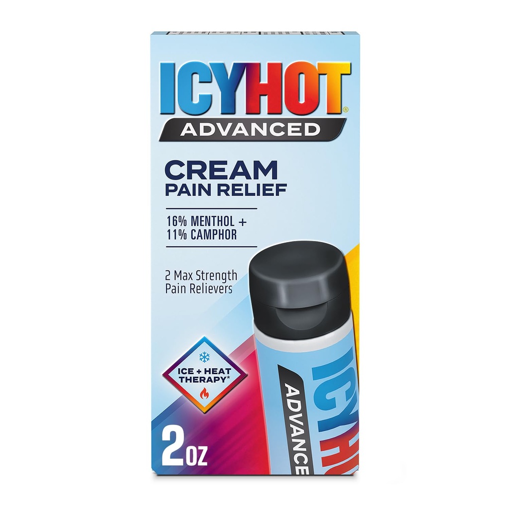 Icy Hot Advanced Pain Relief Cream, Fast-Acting, Max Strength Pain Relief with Menthol 16% and Camphor 11%, Ice and Heat Contrast Therapy for Backaches, Joints, Muscle Strains and Arthritis, 2 oz