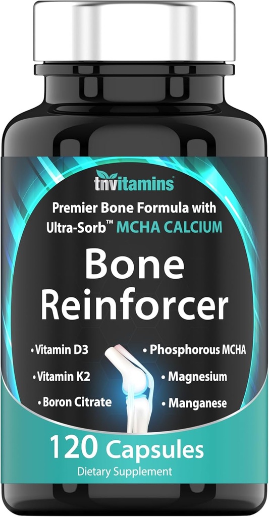 Reforzador de huesos (120 cápsulas) MCHA Suplemento de calcio con vitamina D3, Magnesio, Vitamina K2, Citrato de hierro, MCHA fósfora, " Manganese ← Powerful Bone Supplement for Women " Men