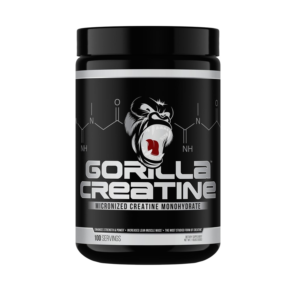 Mente gorila Cretina Monohydrate Polvo micronizado, Tamaño del músculo mejorado, potencia de salida y fuerza, 5 gramos por servicio, 100 servicios