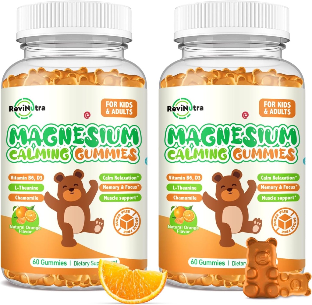 Magnesium Gummies for Kids - Magnesium Glycinate Gummies Supplement with L-Theanine, Vitamin B6, D3 for Adults & Kids, Calm Magnesium for Sleep, Relaxation, Brain, Bones,Sugar Free Orange 120ct