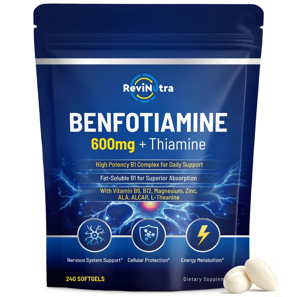 Vitamin B1 Benfotiamine 600mg Softgels, Thiamine HCl Supplements with Magnesium, Zinc, L-Theanine, ALA, Acetyl-L-Carnitine for Energy & Nervous System Support, Non-GMO, 240 Softgels Capsules