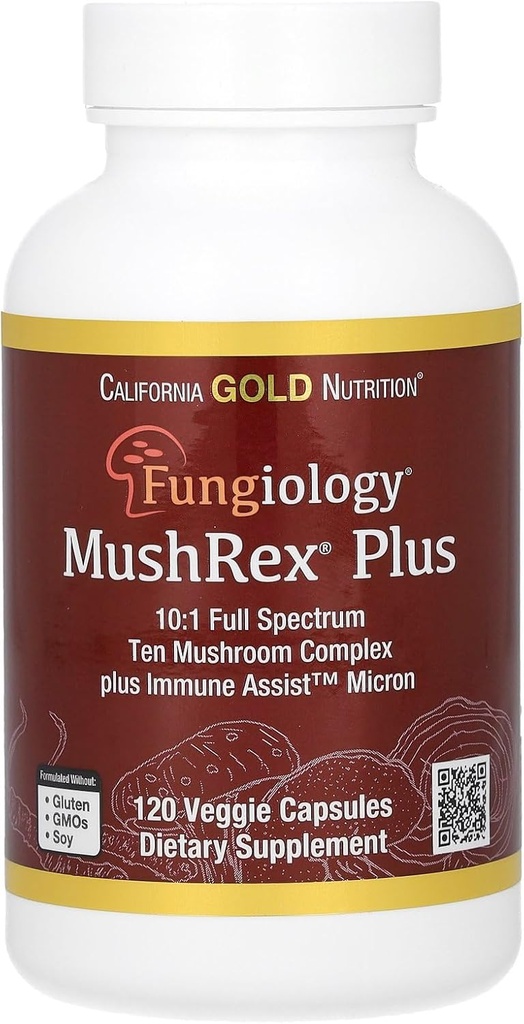 California Gold Nutrition Fungiology, MushRex Plus, Full-Spectrum Ten Mushroom Complex with Agaricus, Chaga, Cordyceps, and Lion's Mane, 120 Plantcaps