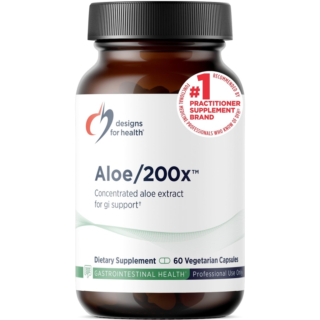 Diseños para salud Aloe/200x - 200mg Aloe Vera Extract - Suplemento de hoja de aloe altamente concentrado para soporte GI - No GMO, píldoras vegetarianas (60 cápsulas)