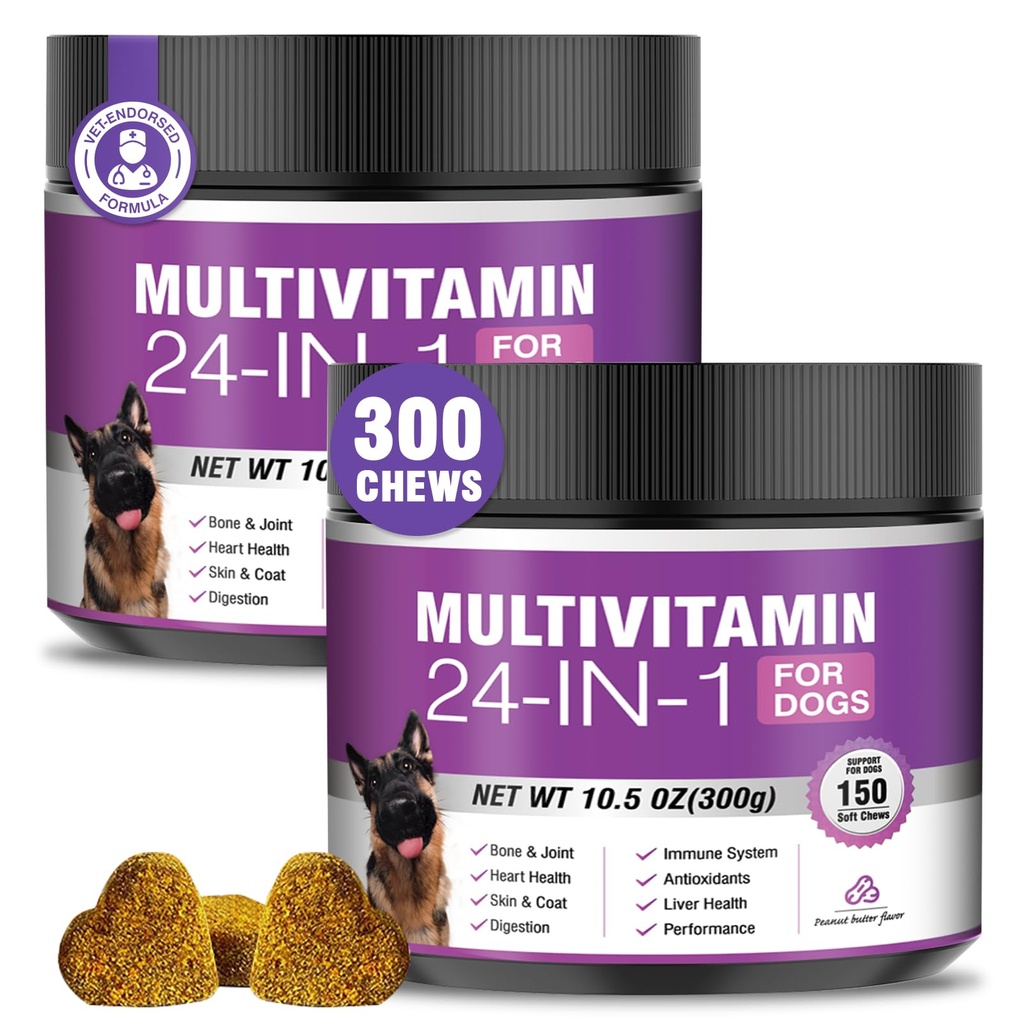 24-in-1 Dog Vitamins and Supplements 300 Ct Dogs Multivitamin Chewable Contain Chondroitin Probiotics Omega-3 Glucosamine for Dogs Skin Coat Heart Joint Gut Liver Brain Immune Support - Peanut Butter