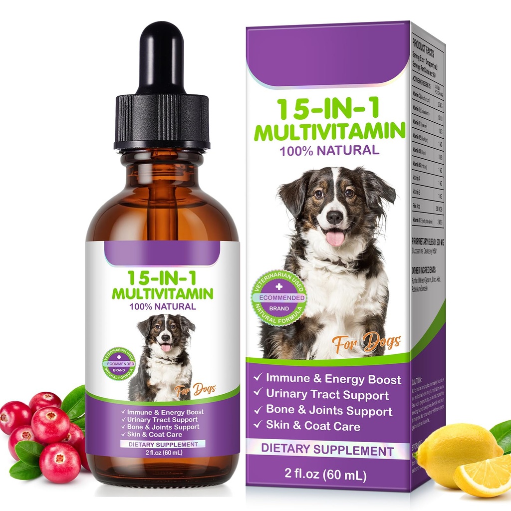 Dog Multivitamin Drops, 15 in 1 Multivitamin Liquid for Dog with Vitamin C, Vitamin D & B1, Dog Health Supplements for Skin Care, Joints & Hips