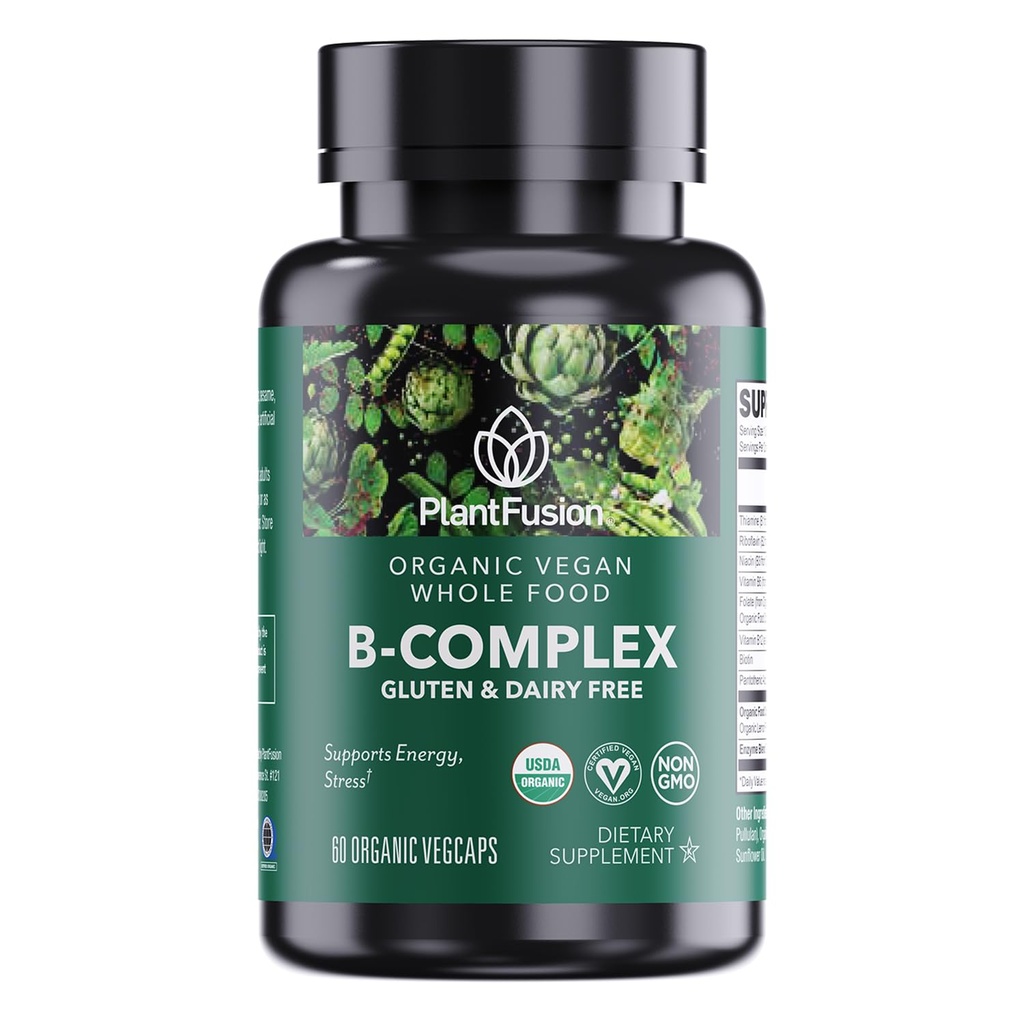 PlantFusion Organic Vitamin B-Complex, Vegan Whole Food Supplement for Energy & Metabolism, Methylated B12, Guava, Lemon & Basil, Non-GMO, Gluten-Free - 60 Capsules