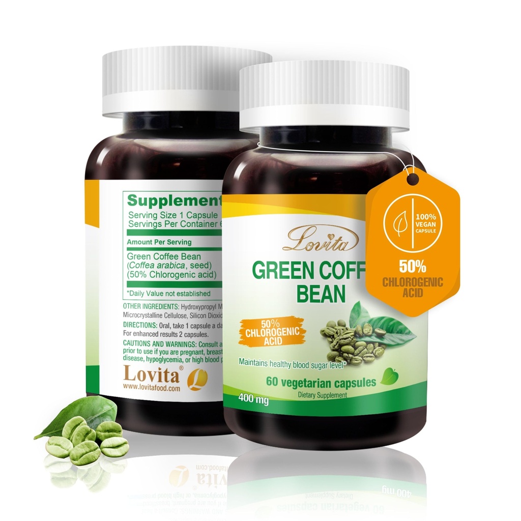 LOVITA Green Coffee Bean Extract, Standardized to 50% Chlorogenic Acids, 4:1 Concentrated for Metabolism, Natural Antioxidant & Size-Reduction Support, Plant-Based, 60 Vegan Capsules