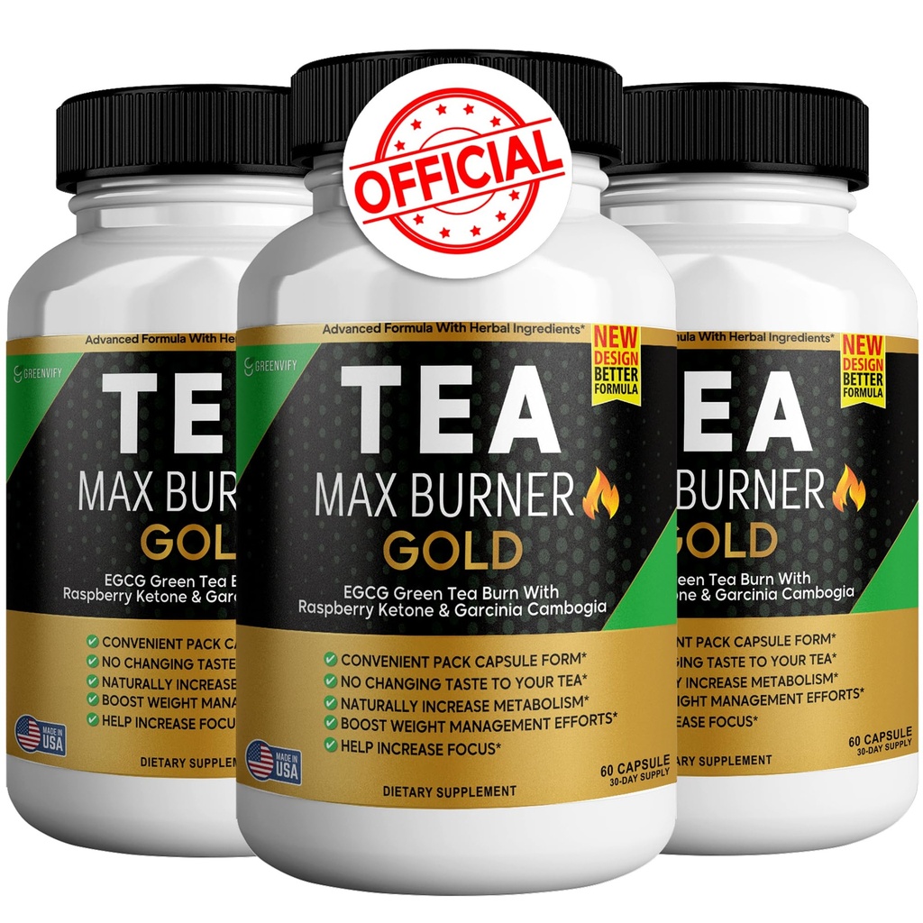 Tea Max Burn Burner Gold – Green Tea Extract & Green Coffee Bean for Metabolism Support, Natural Energy Boost, Antioxidant-Rich Supplement – 180 Capsules (3 Pack)