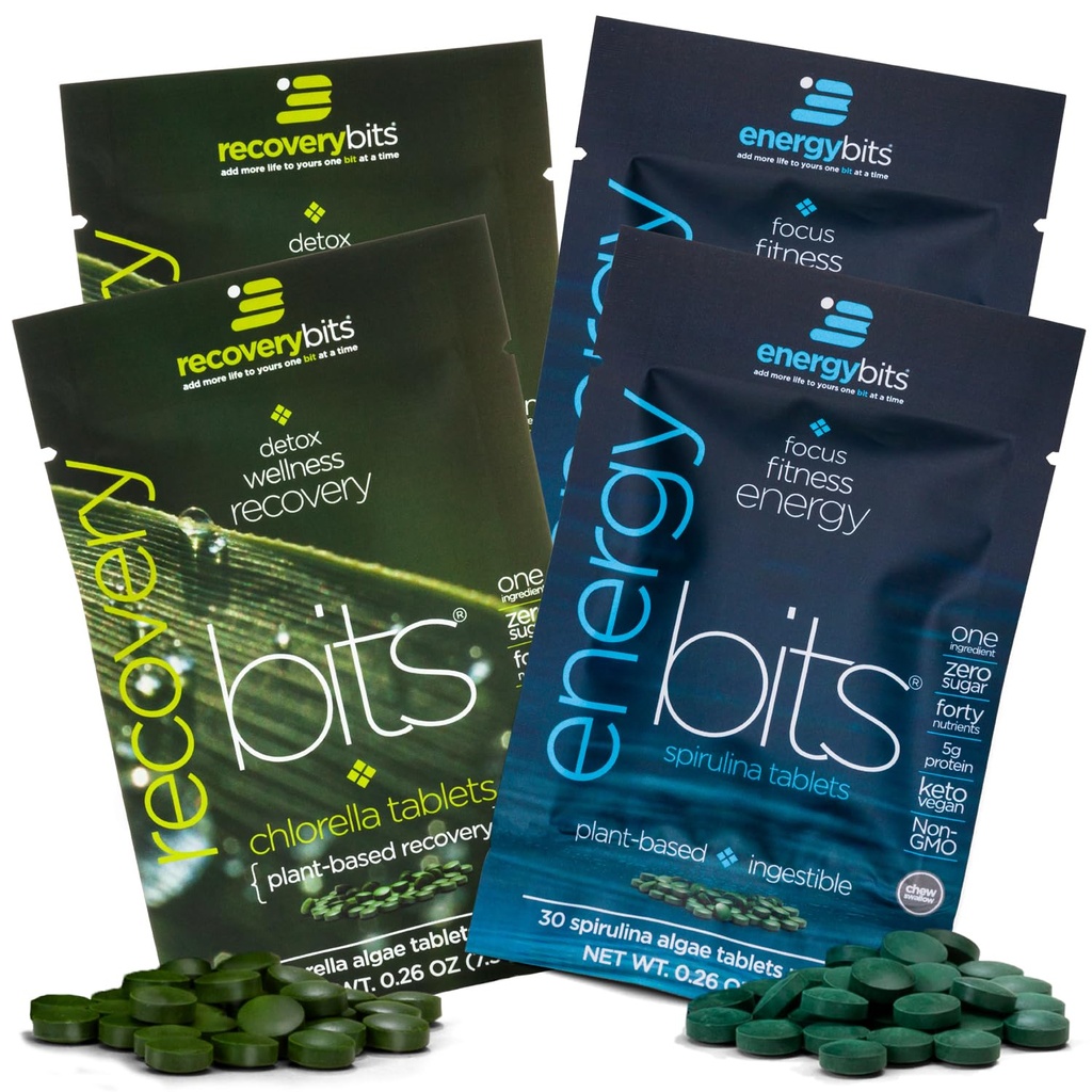 ENERGYbits/RECOVERYbits - Spirulina orgánica " Chlorella Tablets - Single Serving Sample Packs - Algae Superfood - High Protein, Chlorophyll - Self Care - Vegan, Keto, Gluten Free - 4 Bags, 30/Bag