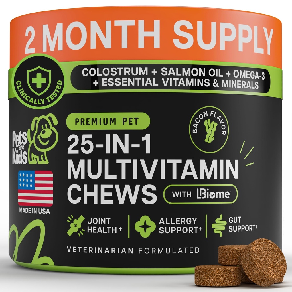 Pets are Kids 25-in-1 Dog Multivitamin for Gut, Mobility, Immunity, 60Chews | Pet Vitamins and Supplements with LBiome™, Colostrum & Salmon Oil for Gut, Allergy, Mobility & Immune Health, Bacon Flavored