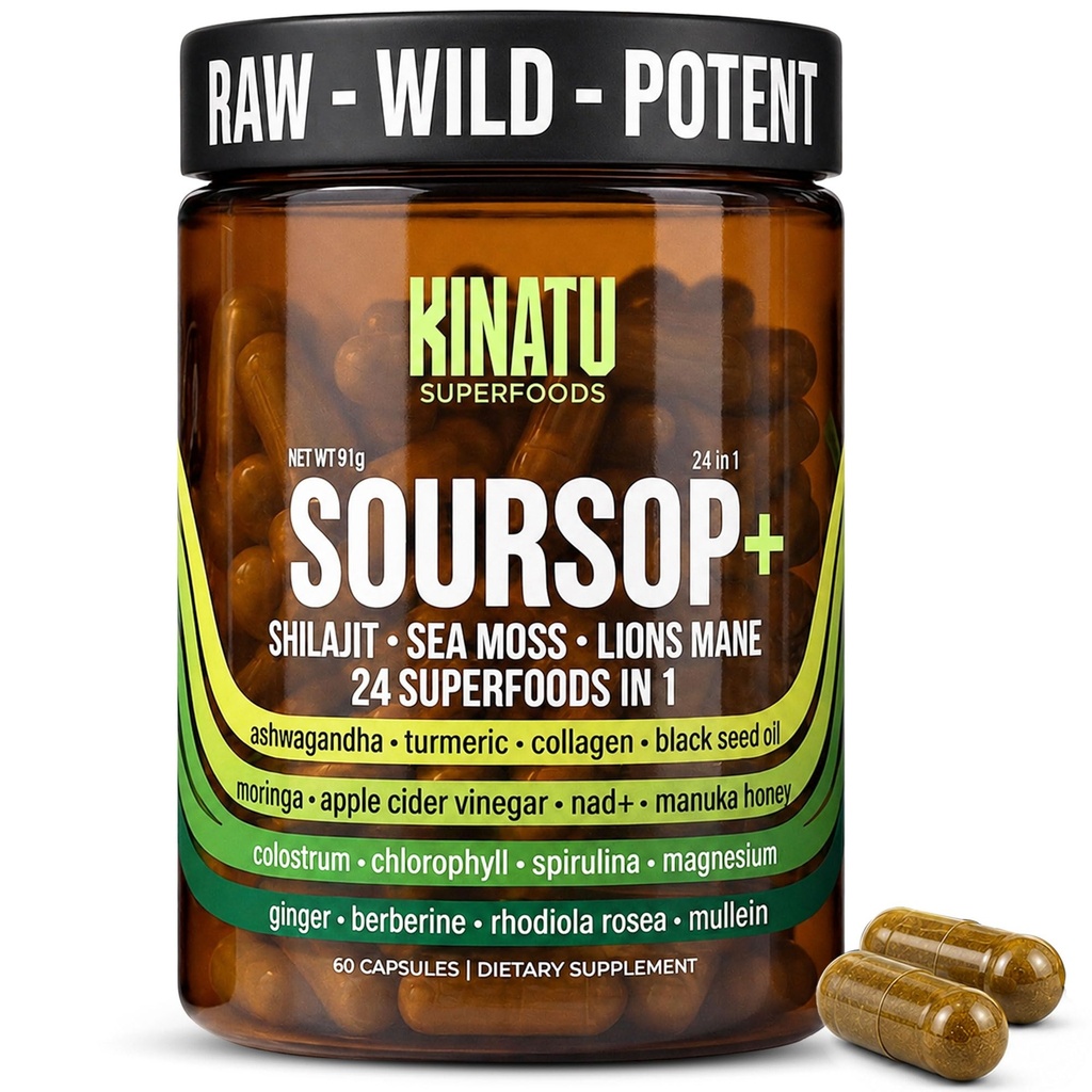 Soursop 24-in-1 Superfood, Shilajit, Sea Moss, Lions Mane, Ashwagandha 60ct | Immune Energy Focus Support, Black Seed Oil, Rhodiola, Turmeric, Ginger, 30-Day Supply, Lab Tested, Made in USA