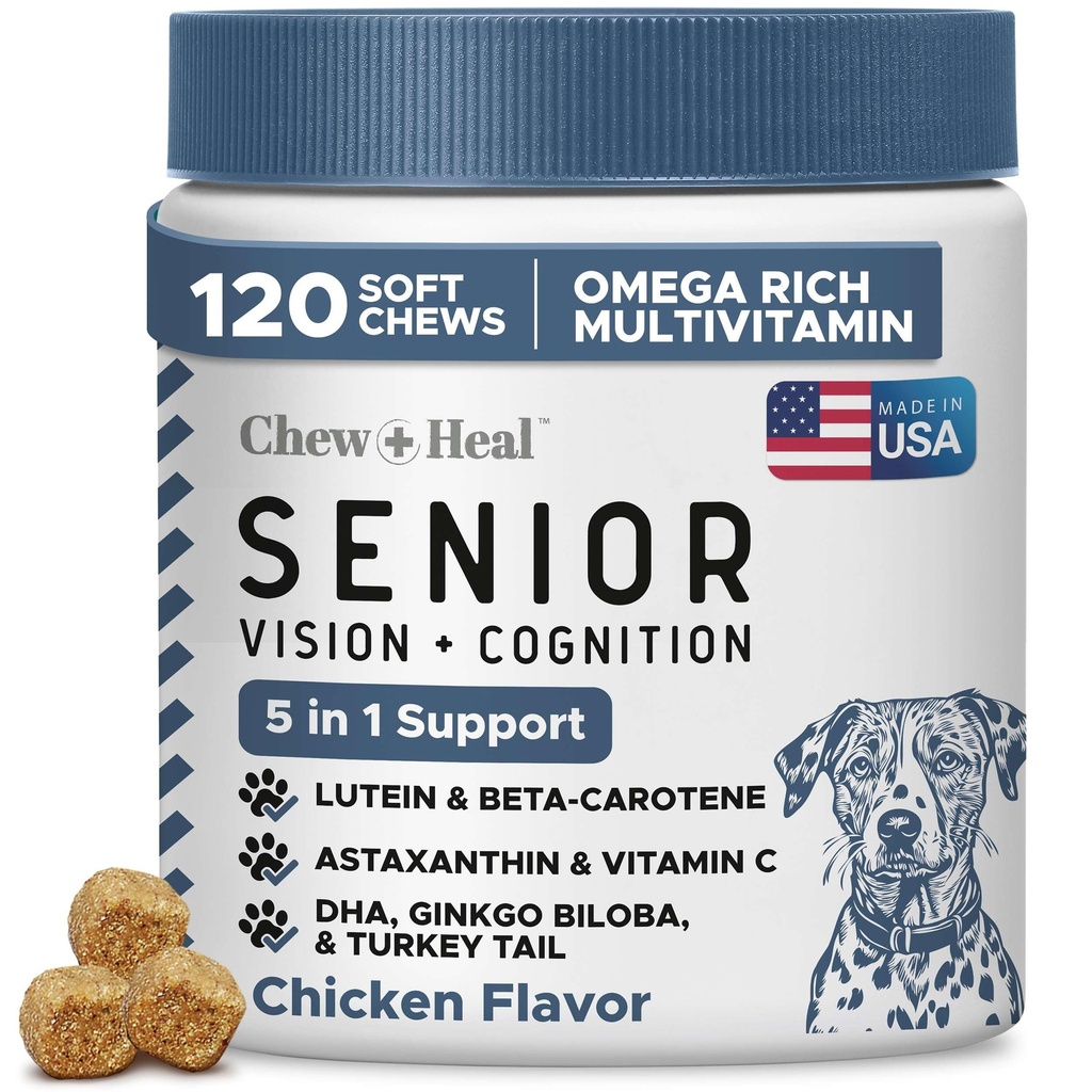 Senior Dog Vision and Cognition Supplement, 120 Eye Care and Memory Chews | Senior Dog Vision and Cognition Chews - 7-in-1 Multivitamin with Omega Fatty Acids, Vitamins, and Botanicals