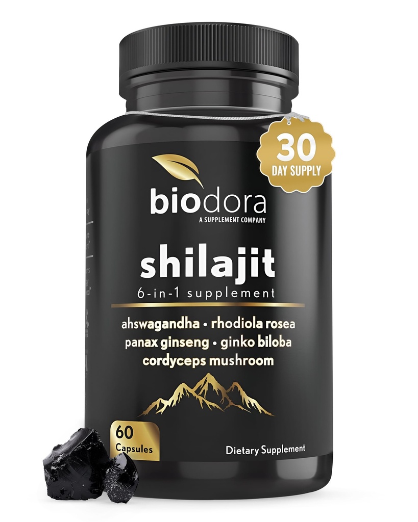 6-in-1 Shilajit Suplemento 300mg, Mood y Energy Support Suplemento con 60mg Pure Ashwagandha, Rhodiola Rosea Panax Ginseng para Immune Support, Memory and Focus, 85+ Trace Minerals, 60 cápsulas