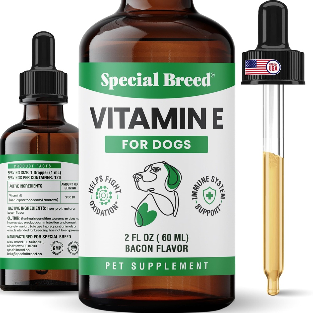 Vitamin E for Dogs Liquid 250 IU - Vitamin E Oil for Dogs Skin and Coat Support - Dog Immune Support Antioxidant Supplement - Bacon Flavor - 60 Servings - 2 oz