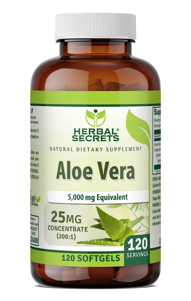 Herbal Secrets Aloe Vera 25 Mg Concentrate 200:1 TENIDO 5000 Mg Equivalente TEN 120 Softgels ← Non-GMO ANTE Gluten-Free TEN Made in USA