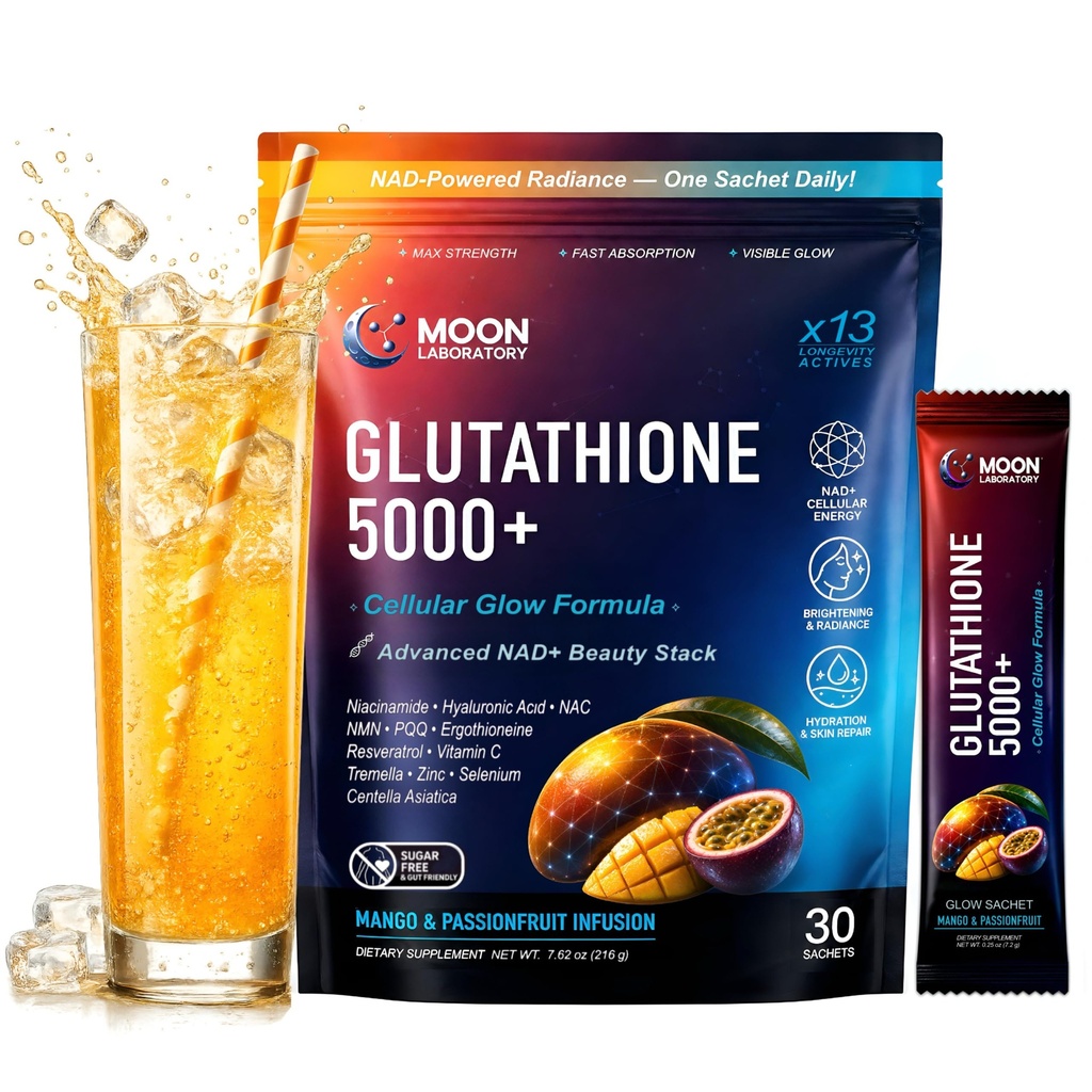 Glutathione 5000mg Powder Drink. NAD+ Booster with NMN, PQQ & Ergothioneine – Advanced Antioxidant & Skin Brightening Support – NAC, Niacinamide & Centella Asiatica. Mango & Passionfruit, 30 Sachets