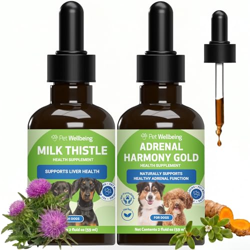 Pet Wellbeing Adrenal Harmony Gold & Organic Milk Thistle for Dogs - NASC Certified & Vet-Formulated Cortisol Balance & Liver Support Bundle, 9-Herb Adaptogen Formula, Natural Bacon Flavor, 2 (2oz)