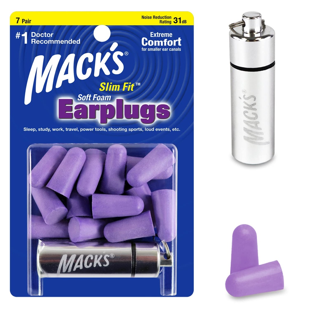 Mack’s Slim Fit Soft Foam Earplugs, 7 Pair with Travel Case – Small Ear Plugs for Sleeping, Snoring, Traveling, Concerts, Shooting Sports and Power Tools | Made in USA