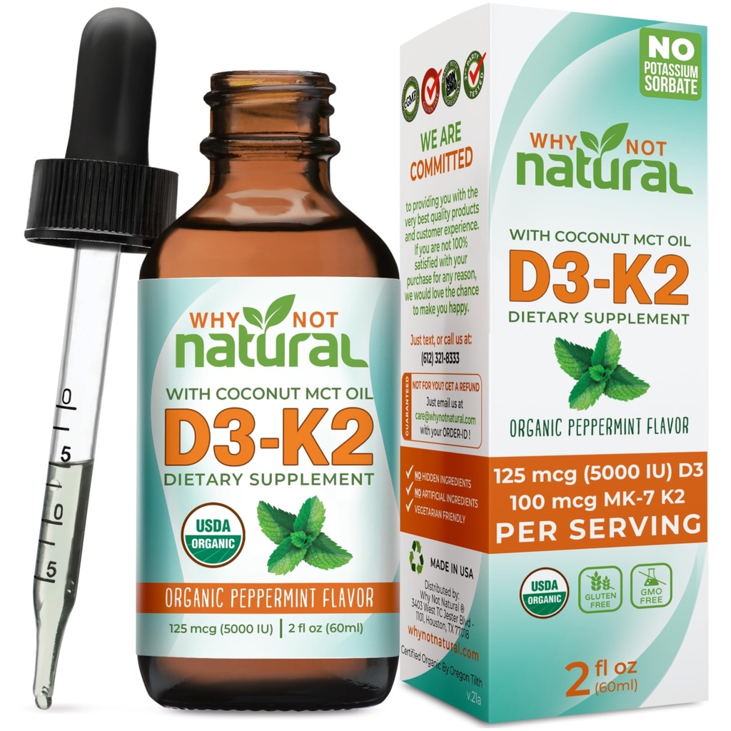 Why Not Natural Organic Vitamin D3 K2 (MK-7) Liquid Drops, 5000 IU of sublingual D3 with Coconut MCT Oil, for Strong Bones and Teeth, Heart and Immune Support