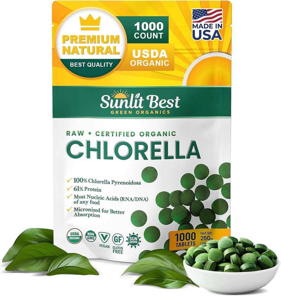 Sunlit Best USDA Premium Chlorella Tablets 1000 Conde ← 100% Pura Clorella Superfood Suplemento Alto en Proteína, Clorofila, Vitaminas, " Minerales " soporta buena salud, bienestar
